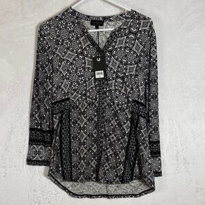 Lucky Brand NWT Button Down Black and White Geometric Women's Top Large